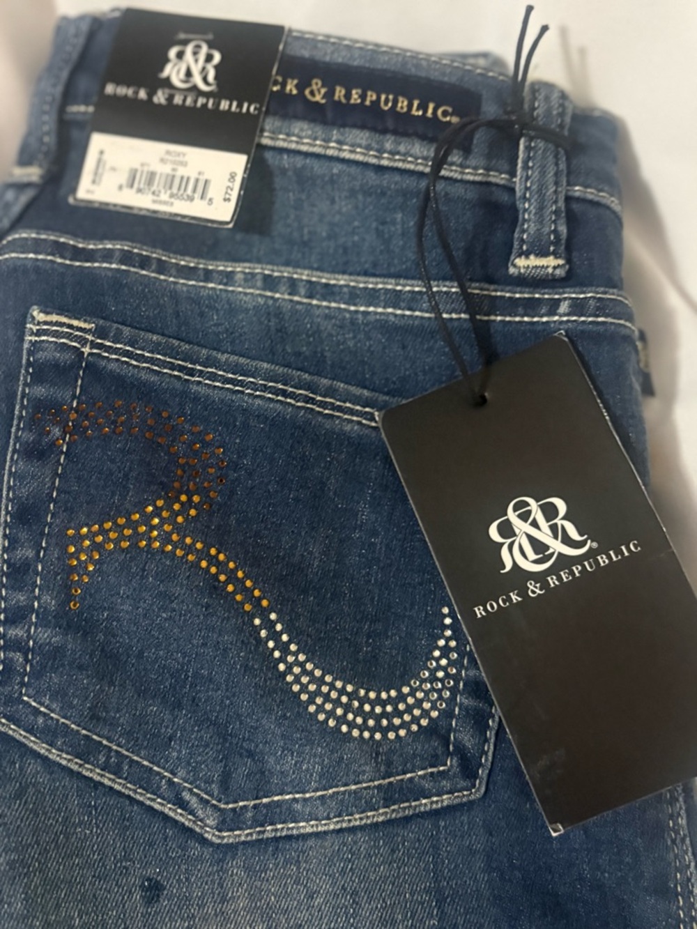 Rock & Republic Dark Blue Skinny Jeans with Gold & Silver Stud Accents